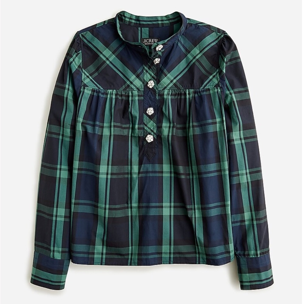 J.Crew Fresco Black Watch Tartan Plaid Top with Jewel Buttons  - Size: S / NWT